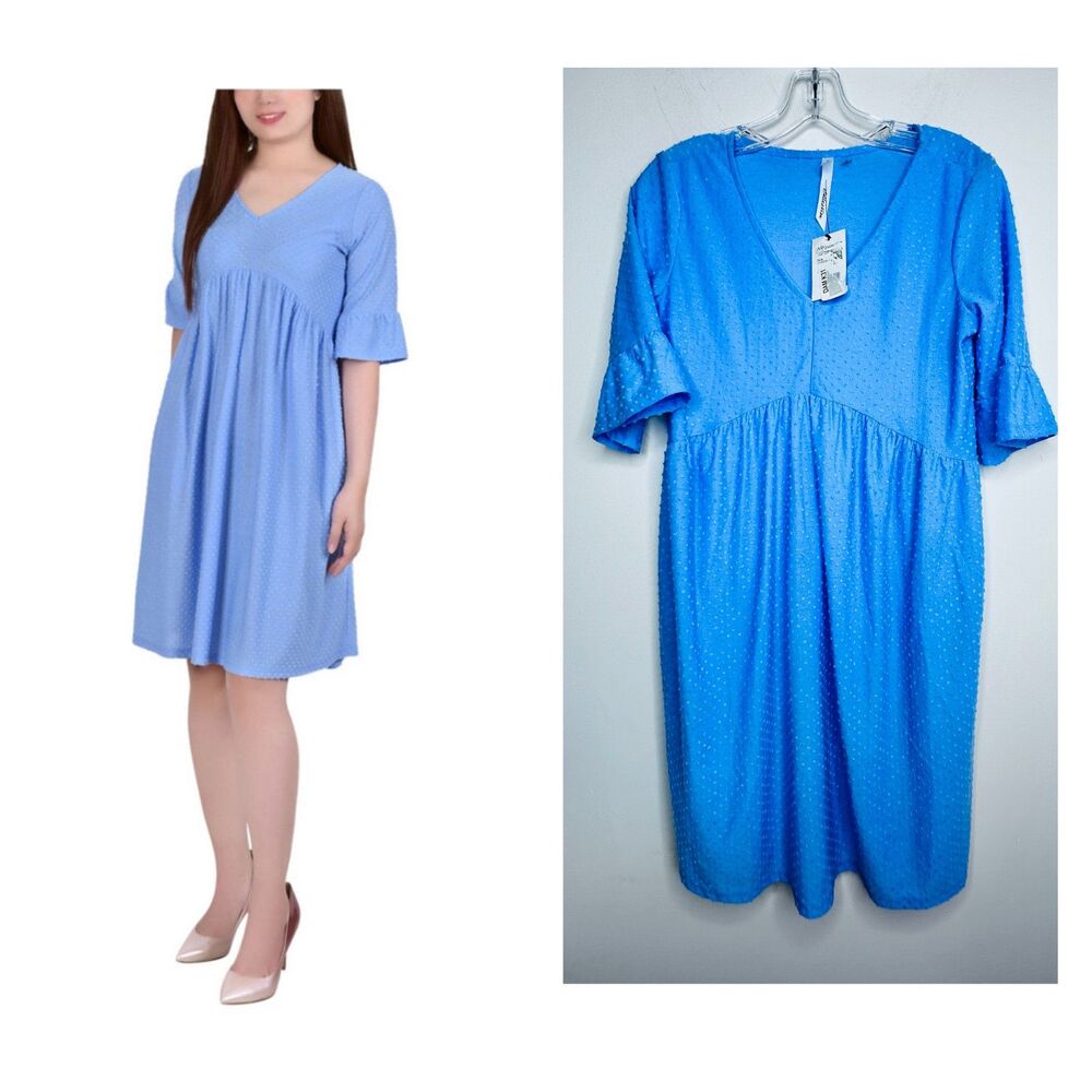 NY Collection Swiss Dot Dress Medium Blue V-Neck Empire Waist Bell Sleeve NWT